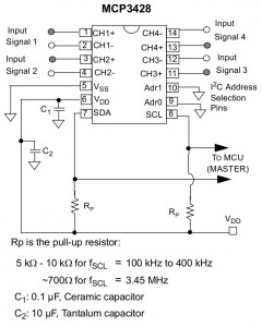 MCP3428 Reference Circuit (Courtesy  http://ww1.microchip.com/downloads/en/ DeviceDoc/22226a.pdf))